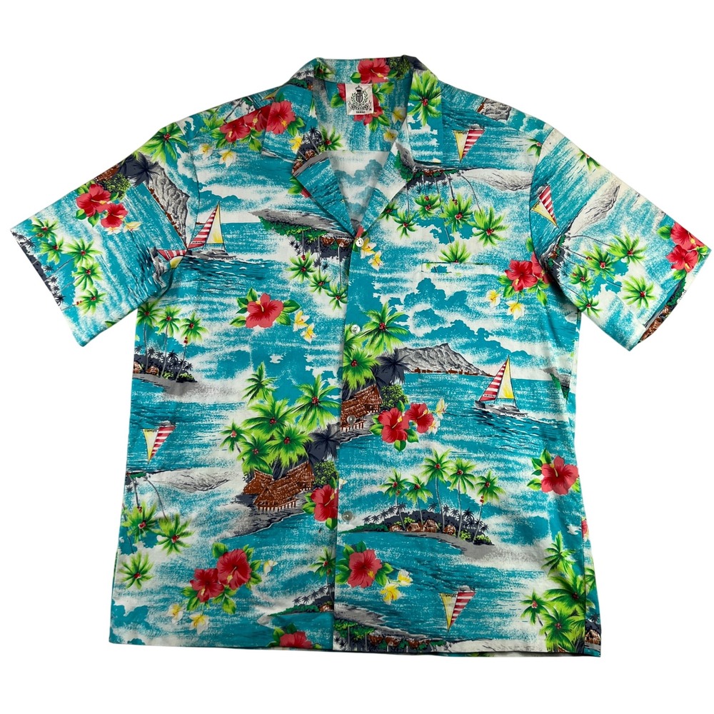 Royal Creations Hawaiian Shirt Mens XL Tropical Floral Palm Tree Sailboat‎ Aloha